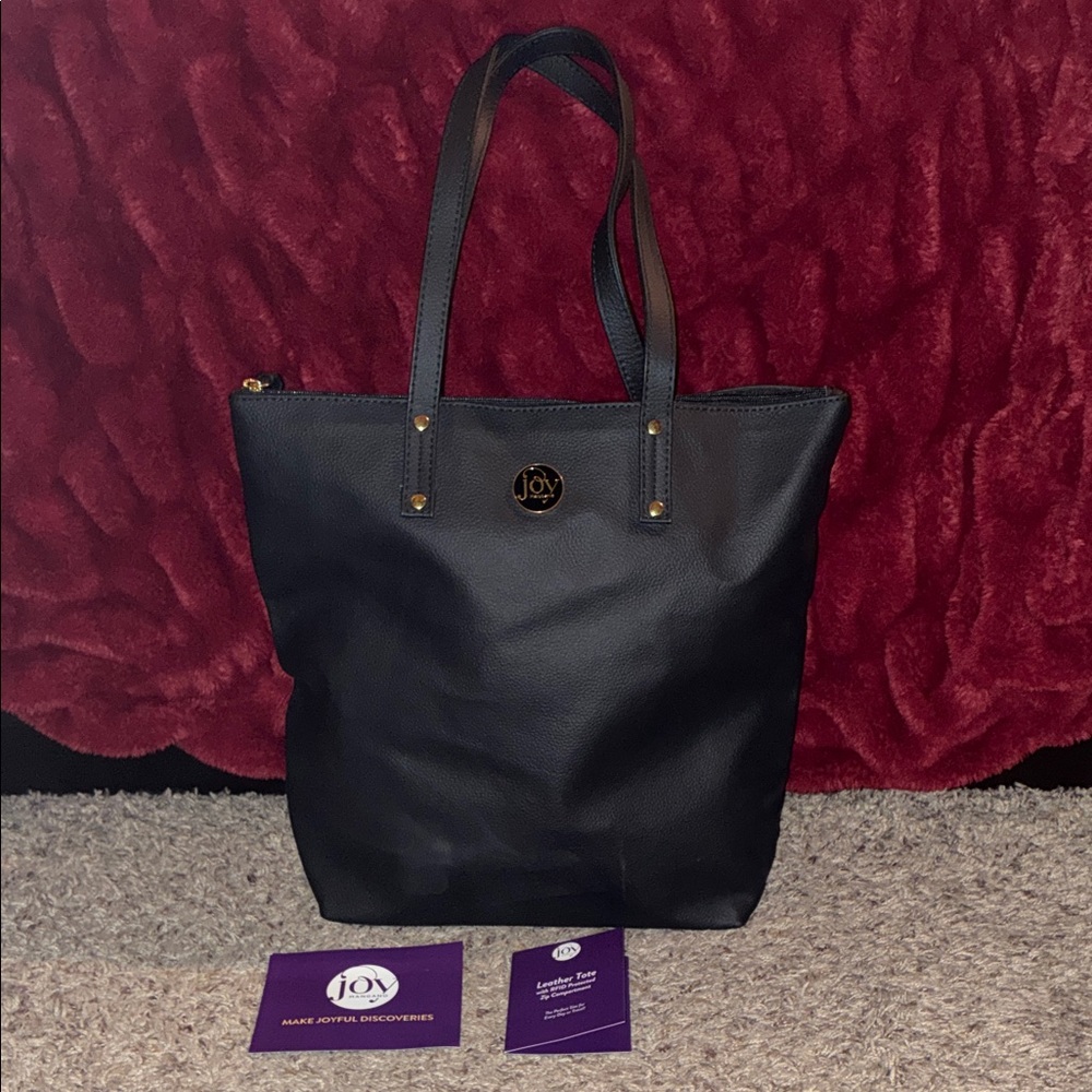 Joy Mangano Black Leather Tote RFID Blocking Bag + Coin Purse